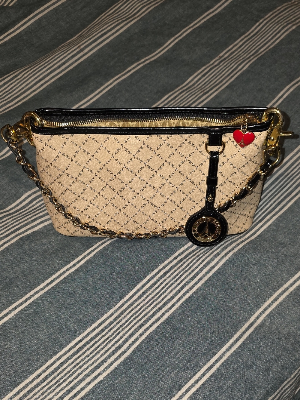 Beige and Black Chain-Trim Crossbody with Red Heart Charm